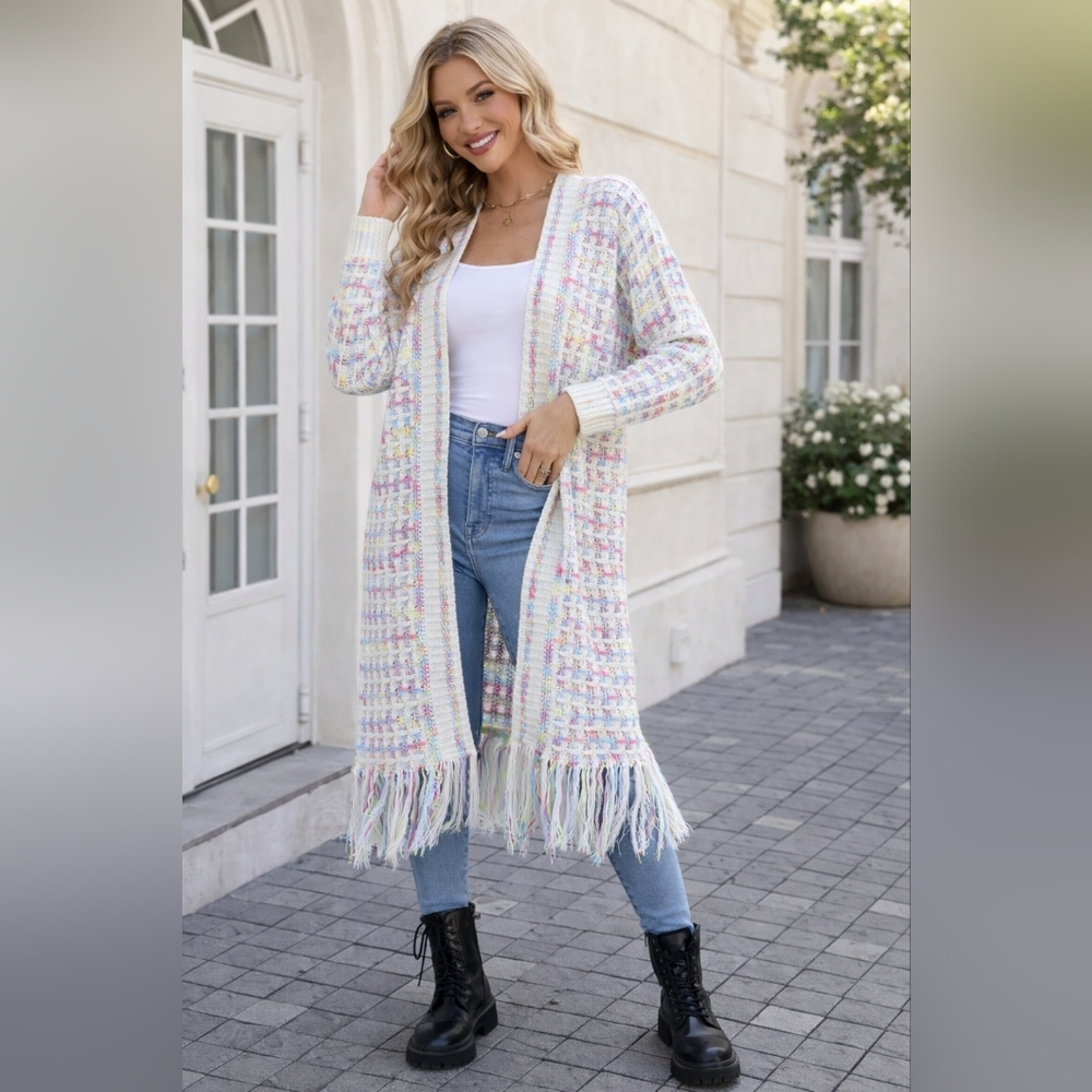 Long Open-Front Pastel Fringe Knit Cardigan Sweater - Picture 2 of 8